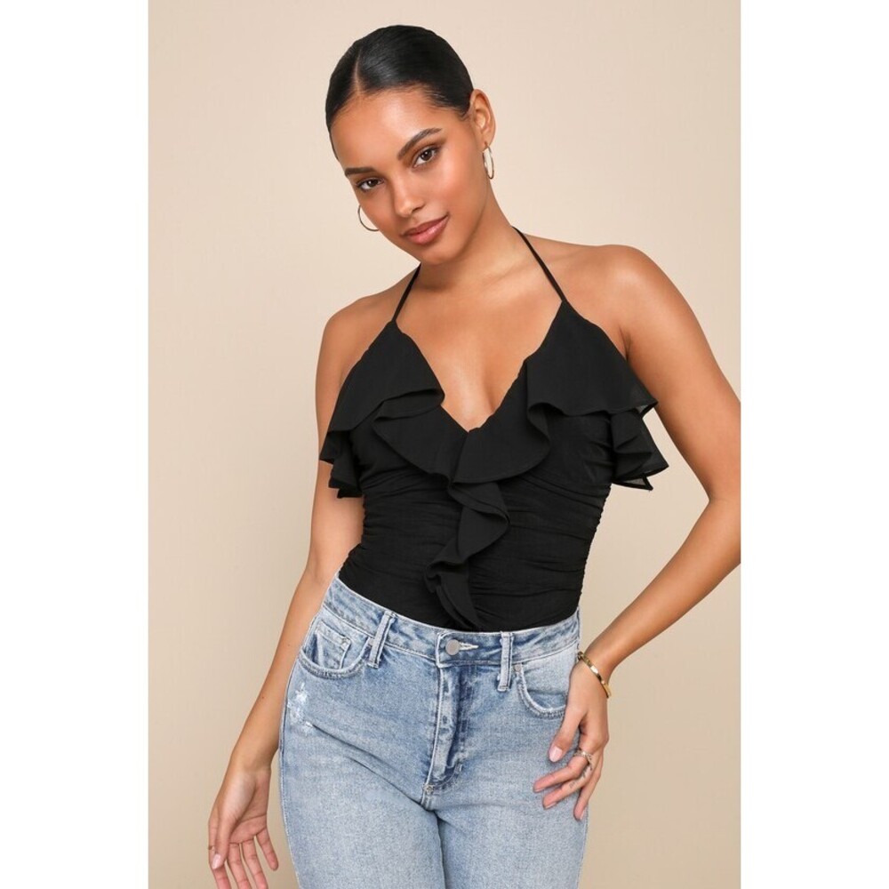Lulus Passionate Flirt Black Mesh Ruched Ruffled Halter Bodysuit - Size L